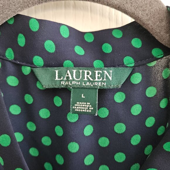 Lauren Ralph Lauren tie neck long sleeve peplum top, green polka dot, sz large - Picture 10 of 15